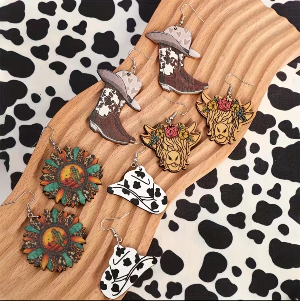 Country Western Boho Cowgirl Drop Earrings 4 Earring Set - Picture 4 of 6